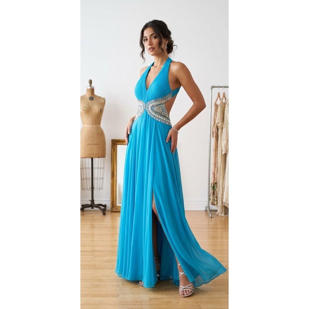 Tony Bowls Paris Gown Womens 0 Turquoise Beaded Halter Cutout Prom Dress VTG